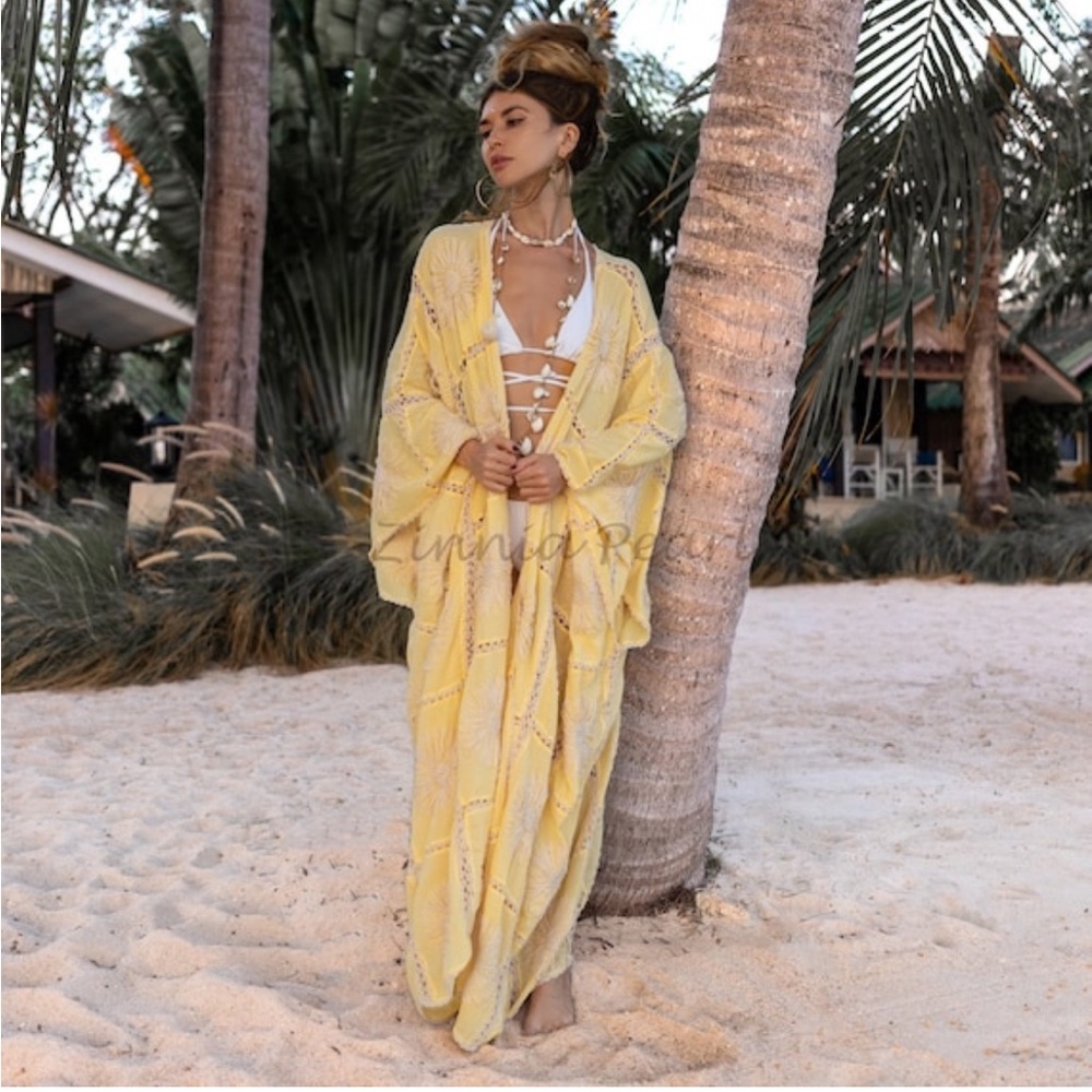 Flora Handmade Crochet Embroidered Maxi Kimono Duster Beach Resort Plus Size